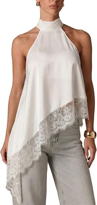 EVALESS Halter Tops for Women Lace Asymmetrical Going Out Satin Tank Top | Amazon (US)