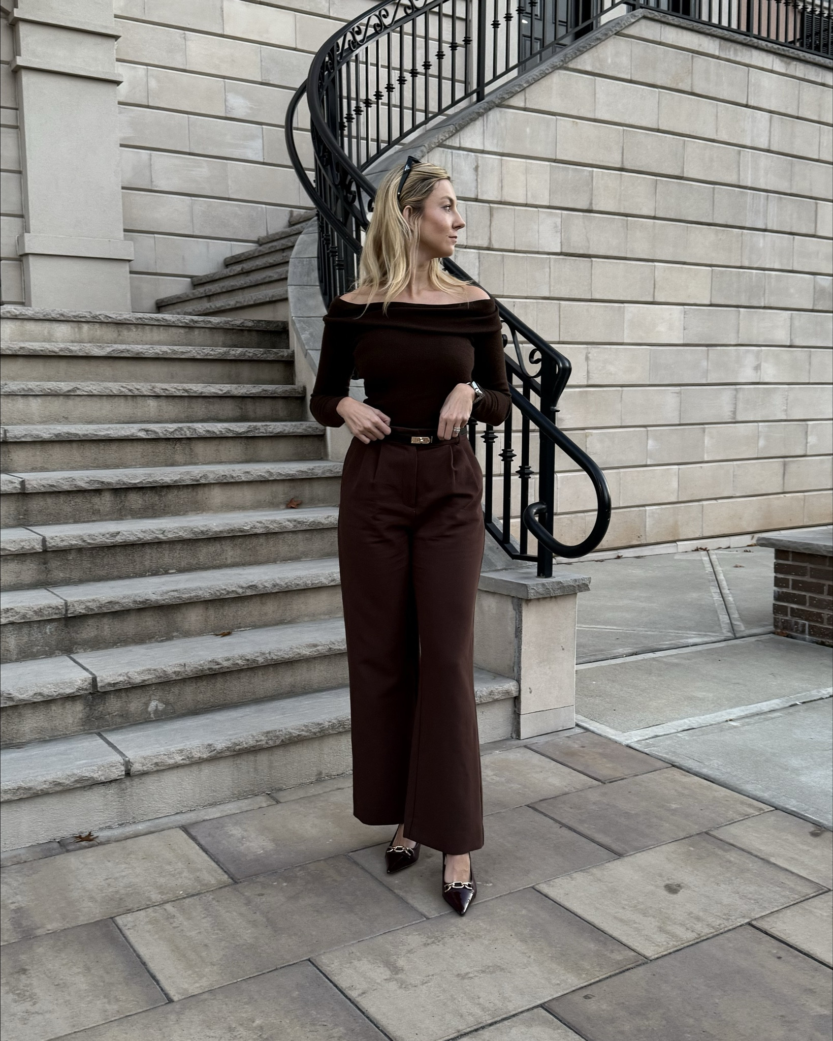 Autumn aesthetic - chocolate brown outfit: 
Brown wide leg pants,
Brown off the shoulder sweater,
Burgundy slingbacks 

My shoes are from JustFab, linking similar! 

Fall outfit, fall fashion, burgundy outfit, European chic, business casual outfit, brown pants outfit, office outfit, corporate fashion


#LTKStyleTip #LTKSeasonal #LTKWorkwear