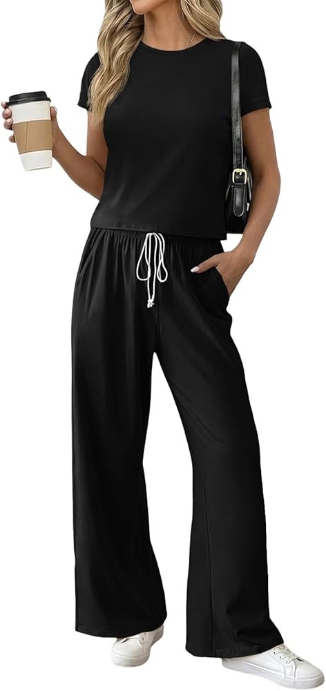 Fisoew Women 2 Piece Lounge Sets 2026 Casual Summer Outfits Short Sleeve Crop Tops Wide Leg Sweat... | Amazon (US)