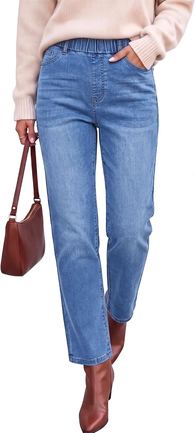 GRAPENT Straight Leg Jeans for Women Trendy Pull On High Waisted Cropped Elastic Waist Stretchy Denim Pants Ankle Jeans | Amazon (US)