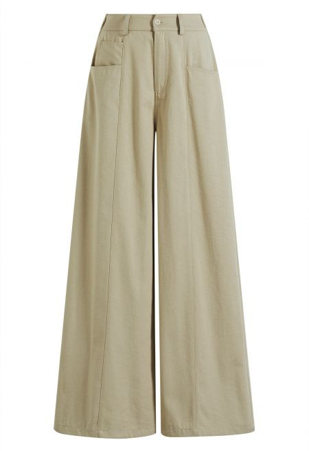 Seam Detail Front Pockets Wide-Leg Cotton Pants in Light Khaki for Everyday Wear & Errands | Chicwish
