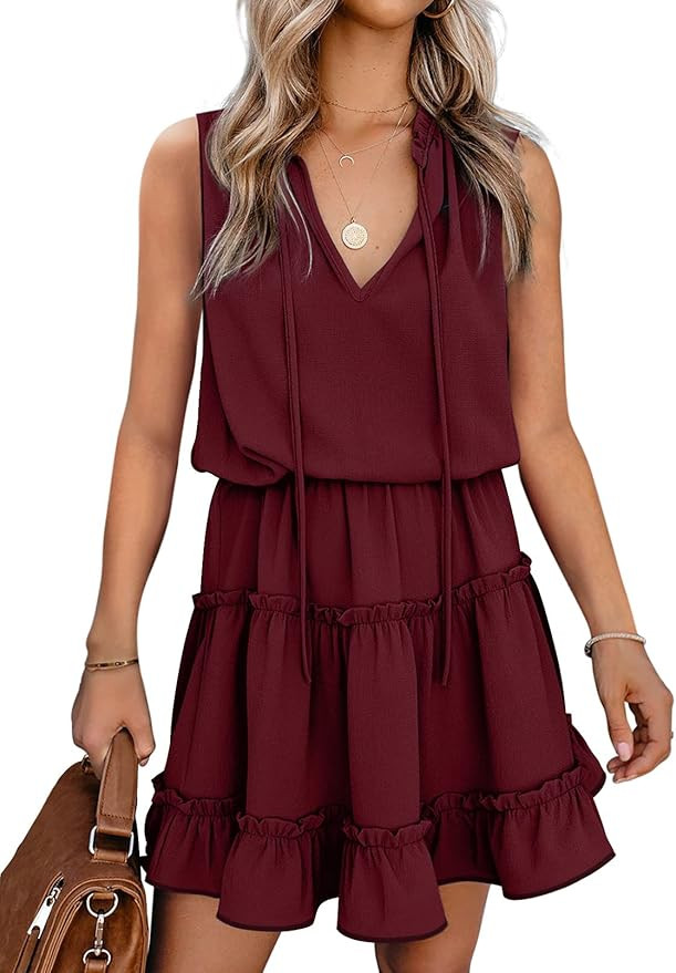 Aytitium Womens Drawstring V Neck Babydoll Dress Ruffle Chiffon Swing Mini Dresses | Amazon (US)