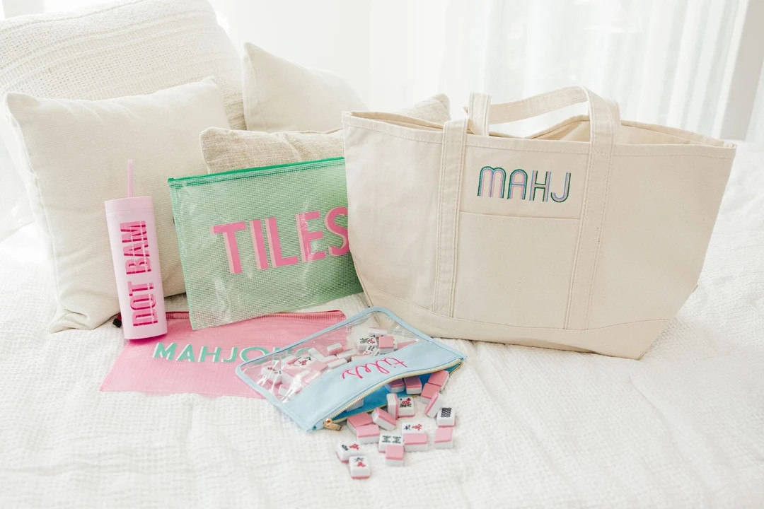 Embroidered Mahjong Canvas Tote - Etsy | Etsy (US)