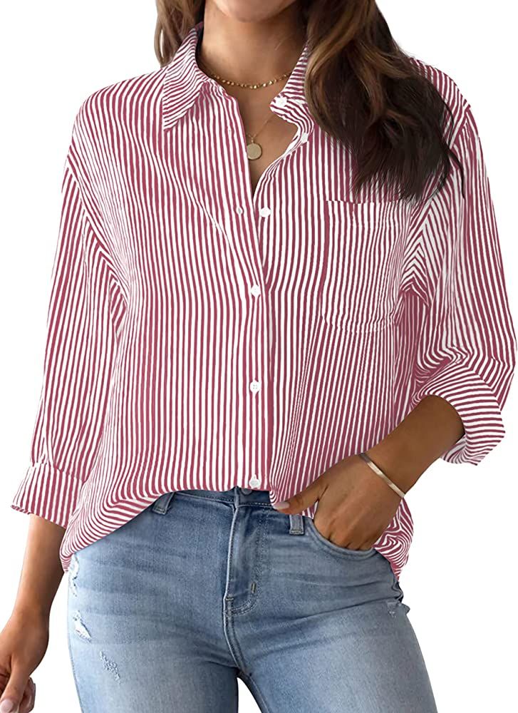 AISEW Womens Button Down Shirts Striped Classic Long Sleeve Collared Office Work Blouses Tops wit... | Amazon (US)