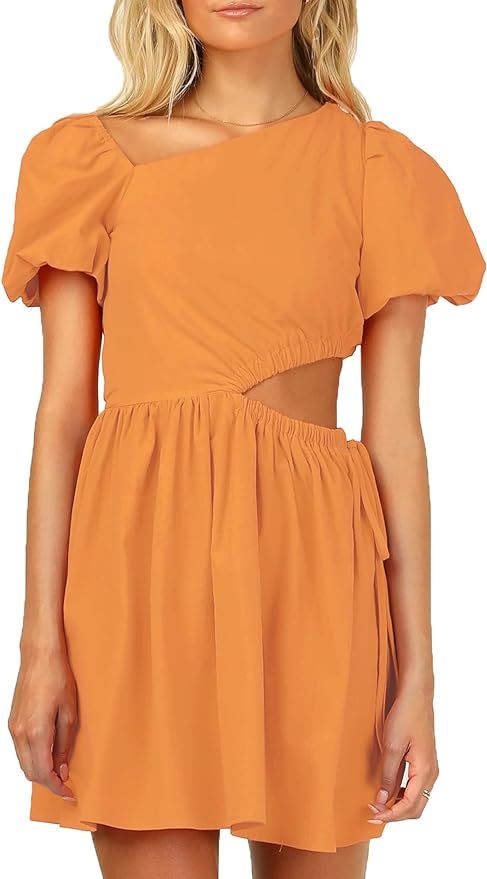 KMOLY Womens Puff Short Sleeve Mini Dress Summer Sexy Cut Out Waist Cute Casual A-Line Short Beac... | Amazon (US)