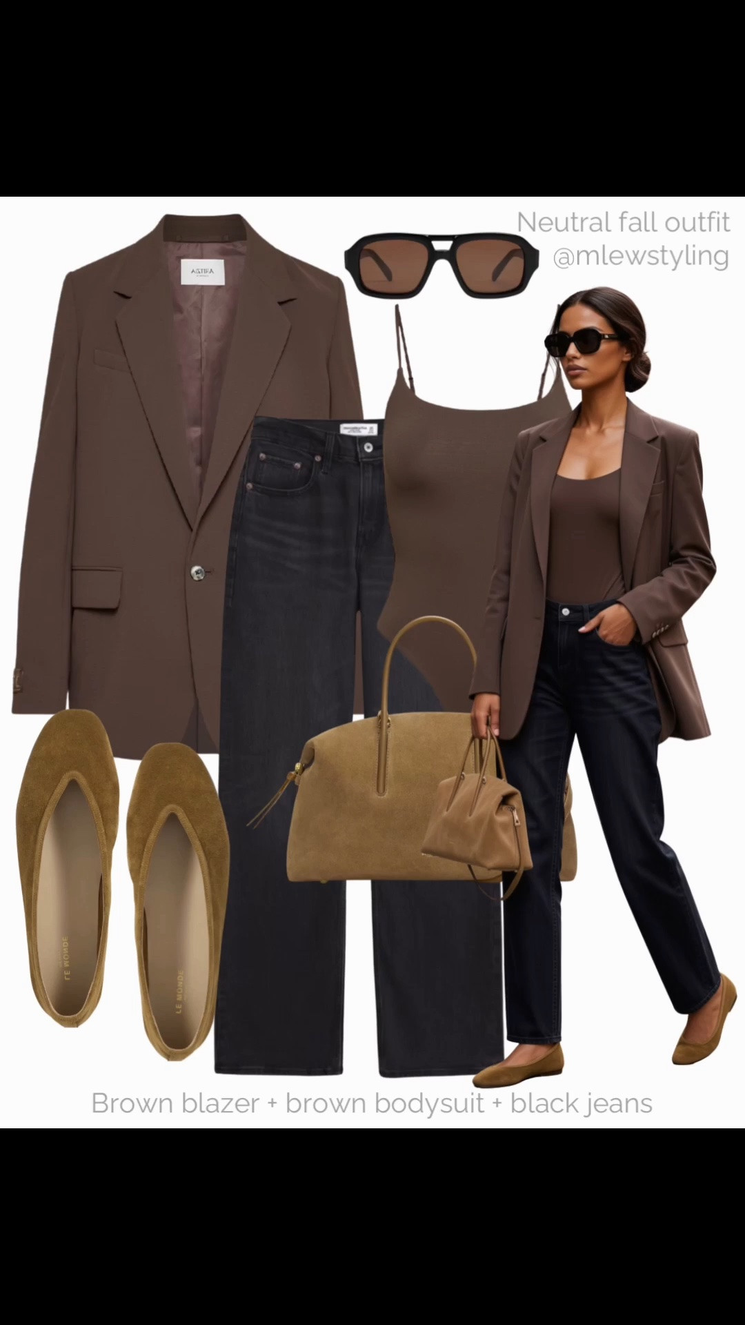 Brown blazer + brown bodysuit + black jeans + suede ballet flats 🤎

Tags: fall outfit formulas, Aritzia blazer, Abercrombie denim, demellier suede tote bag, Celine sunglasses, neutral outfit, capsule wardrobe, casually workwear, autumn office outfit

#LTKfall #LTKjeans #LTKworkwear