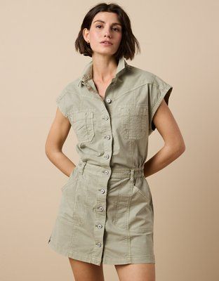 AE Snappy Stretch Poplin Utility Mini Dress | American Eagle Outfitters (US & CA)