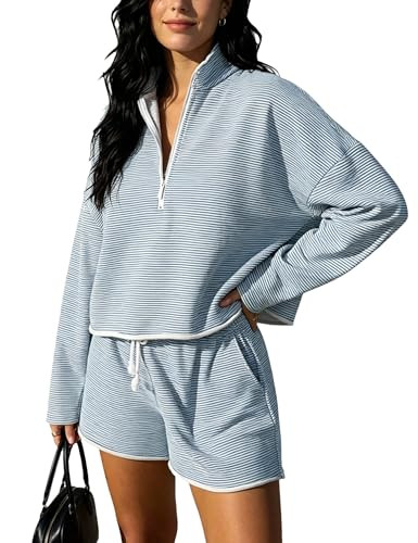 Bozanly Two Piece Outfits for Women Trendy Long Sleeve Tops Shorts Set | Amazon (US)