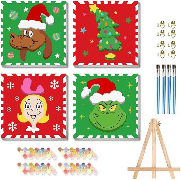 askkqtx 4 Pack Framed Paint by Numbers Kit for Kids - with Wooden Easel, Christmas Paint by Numbe... | Amazon (US)