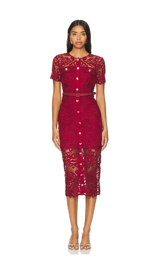 Red Guipure Lace Button Midi Dress in Red | Revolve Clothing (Global)