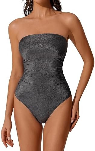 RXRXCOCO Women Tummy Control One Piece Swimsuits Ruched Strapless Bathing Suits Slimming Swimwear | Amazon (US)