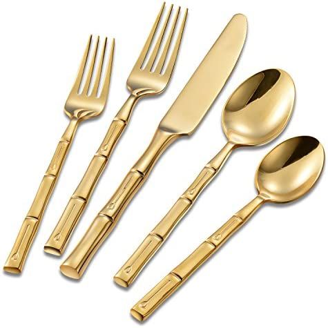 Flatasy Flatware Set Gold Silverware Set with Bamboo Pattern Mirror Polished 20 Pieces Cutlery Set H | Amazon (US)