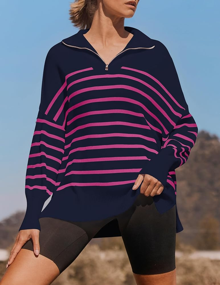 ZESICA Women's Striped Sweaters Half Zipper Long Sleeve Ribbed Knit Loose Oversized Pullover Swea... | Amazon (US)