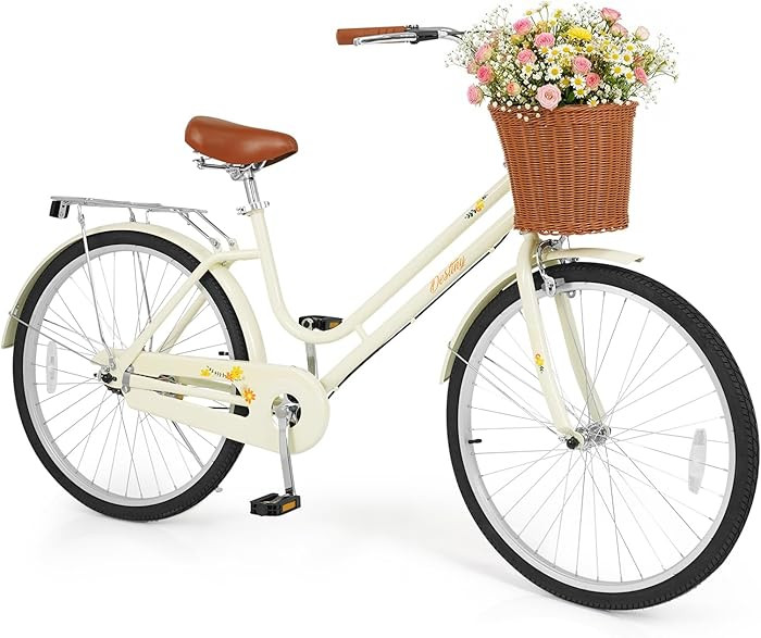 GYMAX Beach Cruiser Bike for Adults, 24/26 Inch Commuter Bicycle for Women with Rattan Basket, Er... | Amazon (US)