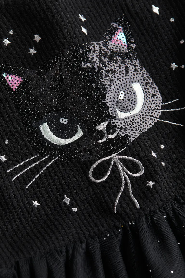 Sequin-motif Tulle-skirt Dress - Black/cat - Kids | H&M US | H&M (US + CA)