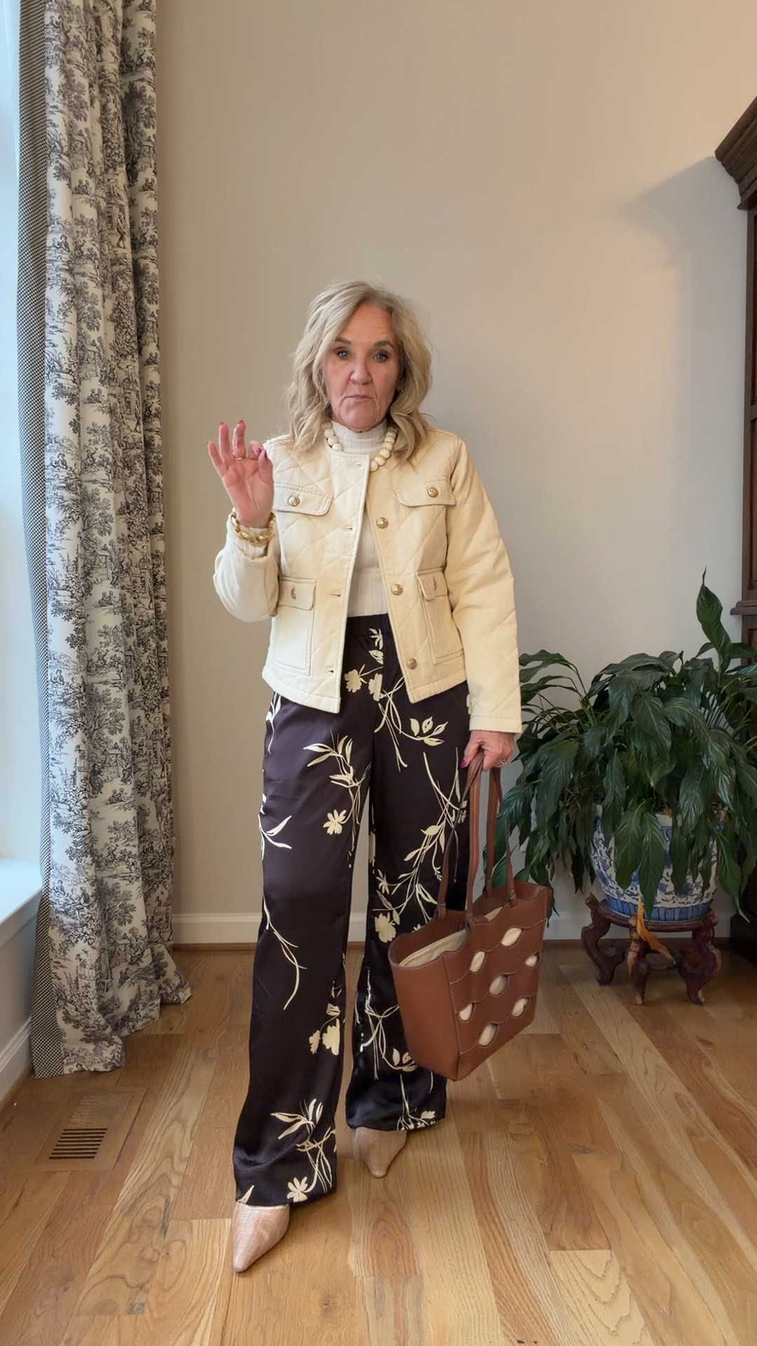 Affordable fashion finds 
Jacket size medium
Mock neck size medium
Satin pants size medium you could probably size down, but I don’t mind them roomie
This beautiful tote is full leather in canvas and makes quite a statement
My accessories cost more than the outfit, but they go with so much

#LTKPetite #LTKOver40 #LTKTravel