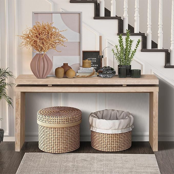 60'' Modern Farmhouse Console Table, Double Layer Design with Storage Space, Distressed Natural F... | Amazon (US)