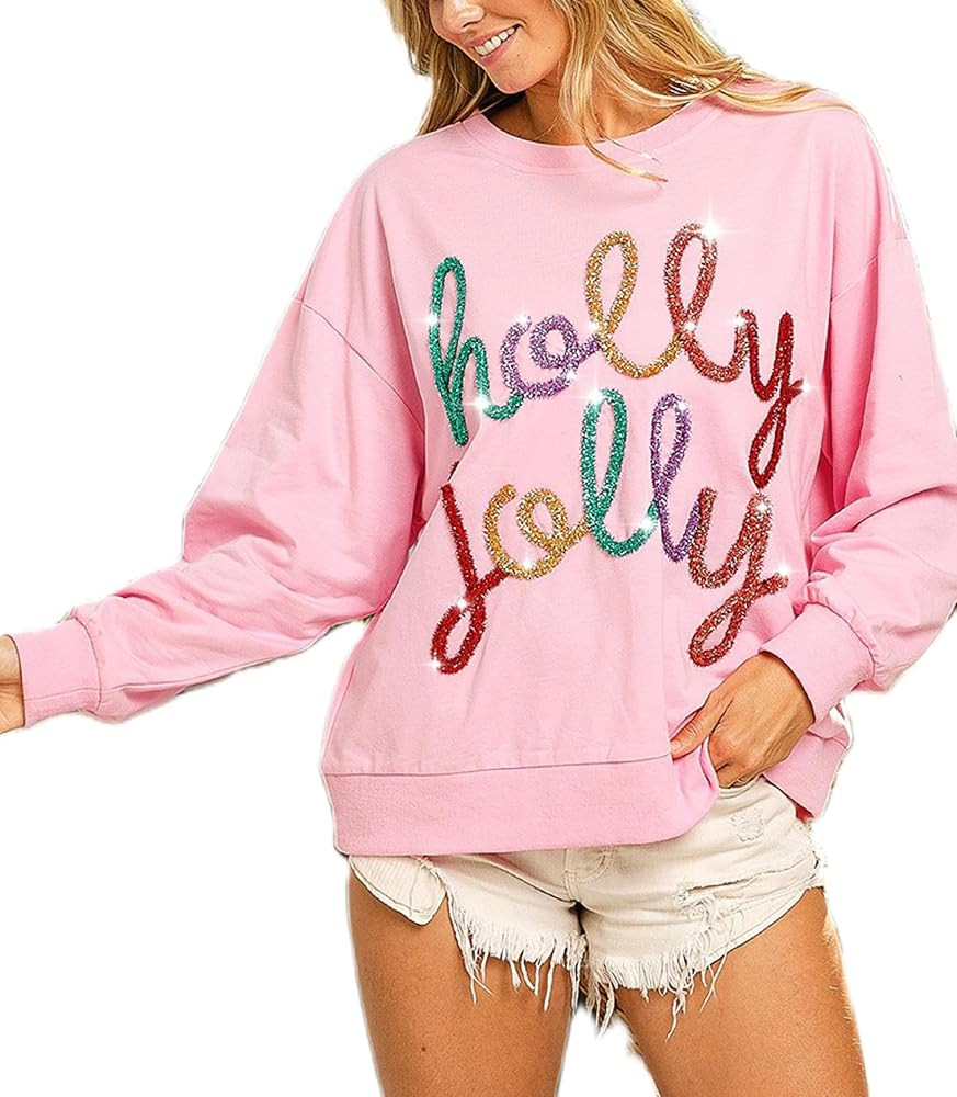 NUFIWI Women Sequin Christmas Sweatshirt Funny Santa Holiday Shirts Crew Neck Long Sleeve Oversiz... | Amazon (US)