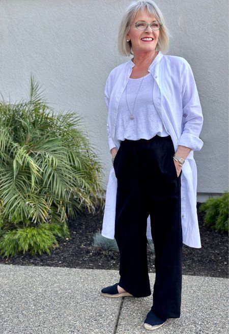 Easy breezy linen separates from Eileen Fisher for a classic look in black and white. Dress them up or down  All run large
Dress worn open as jacket size S
Tank size S
Pants size S 

#LTKSeasonal #LTKstyletip #LTKtravel