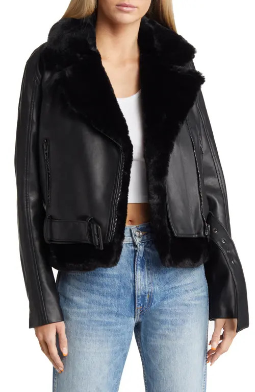 BLANKNYC Faux Leather & Faux Fur Moto Jacket in Perfect Night at Nordstrom, Size X-Small | Nordstrom