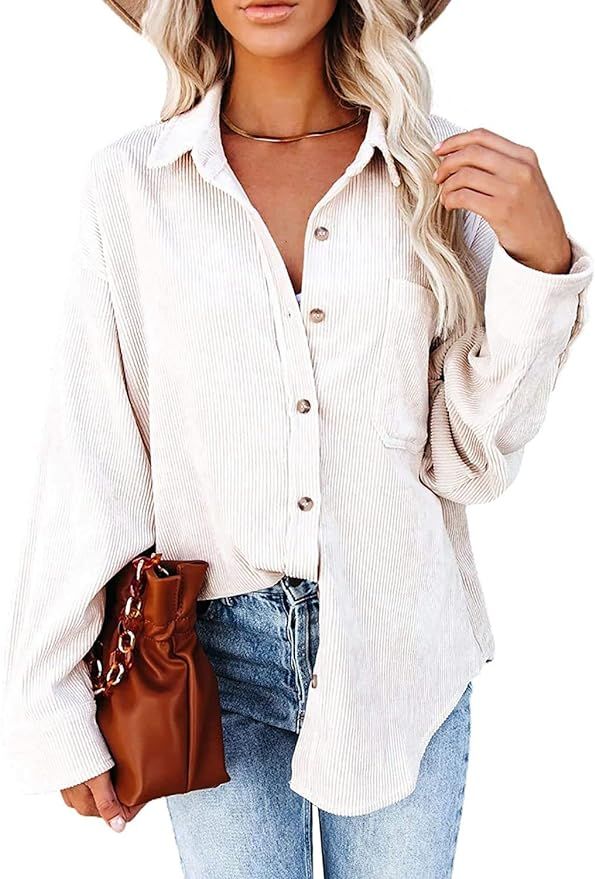 MIHOLL Womens Corduroy Button Down Shirts Casual Long Sleeve Jacket Oversized Boyfriend Blouses T... | Amazon (US)
