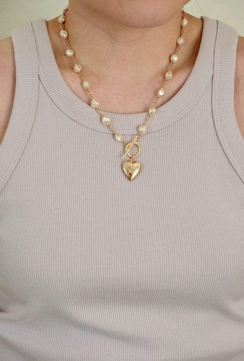 Pearl Necklace, Gold Heart Necklace, Locket Necklace, Vintage Necklace, 18K Gold Plated | Etsy (US)