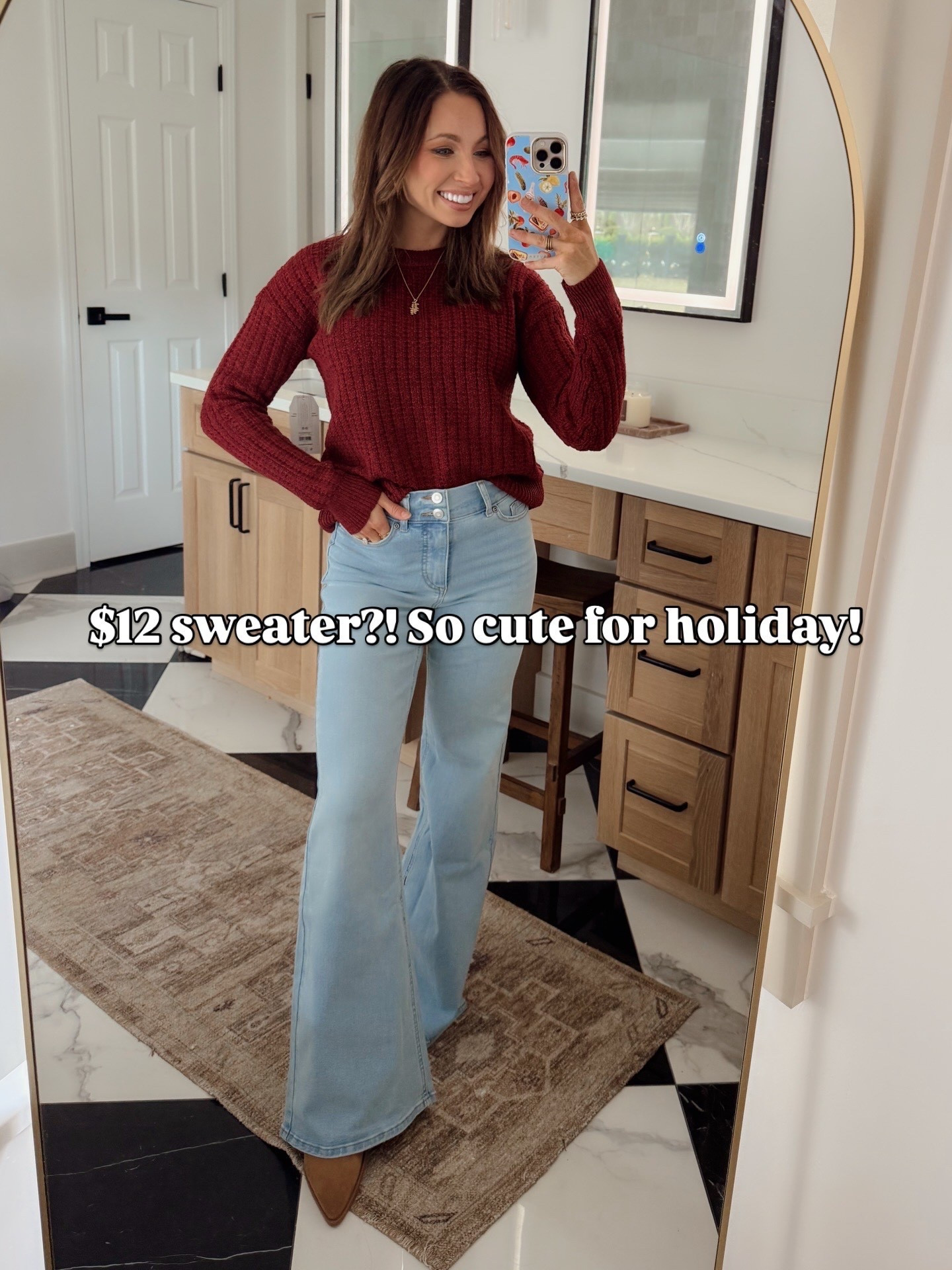 #WalmartPartner $12 sweater?! Wearing a size small! $25 flare jeans — size 0 @walmartstyle #walmartstyle 

#LTKHoliday #LTKmomlife #LTKootd