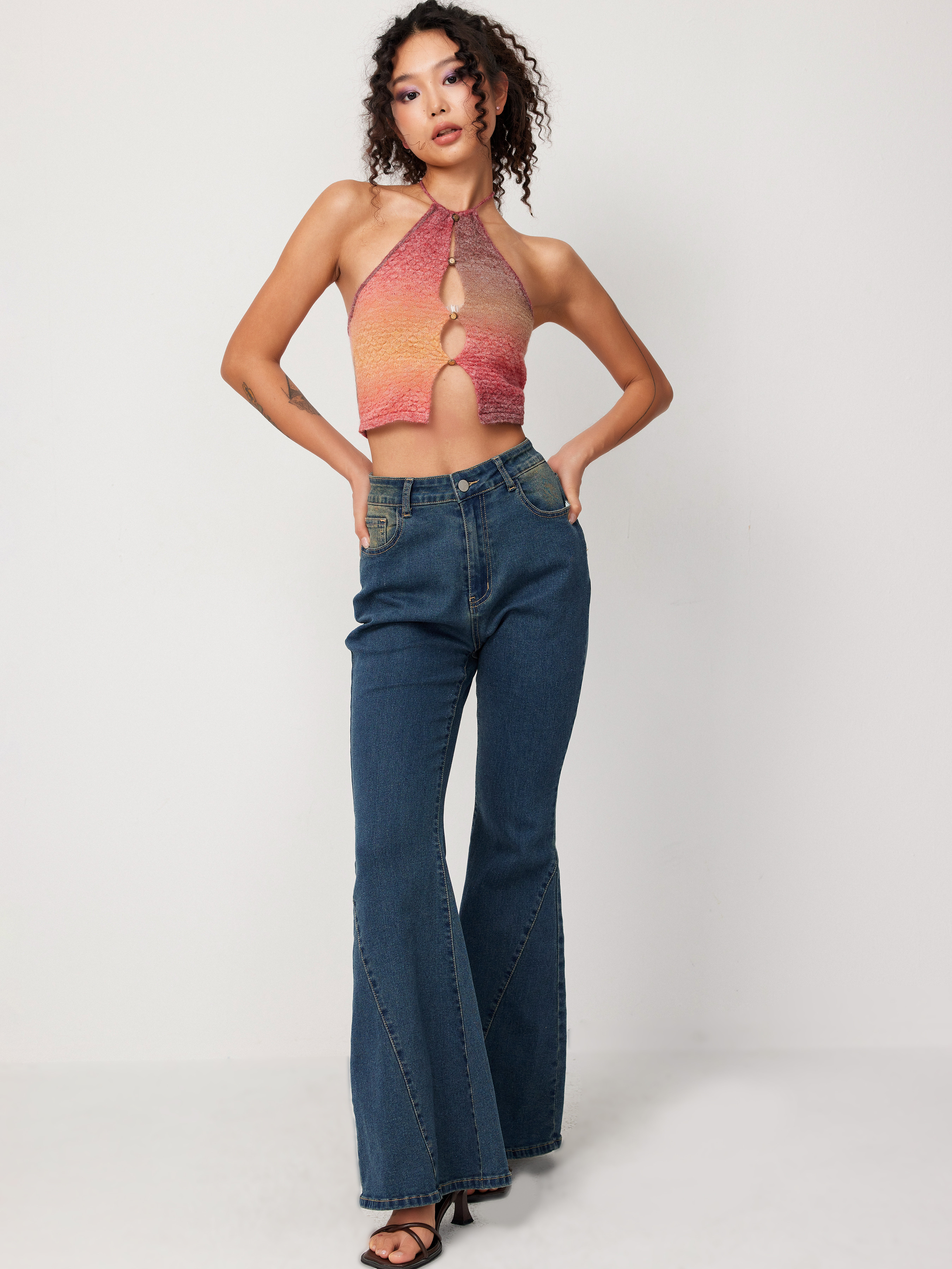 Denim Stretch Denim High Waist Button Flared Jeans For Daily Casual Music Festival/Live House | Cider