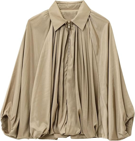 Womens Puffed Bomber Jacket Casual Batwing Sleeve Lapel Collar Zip Shirts Oversized Pleated Stree... | Amazon (US)