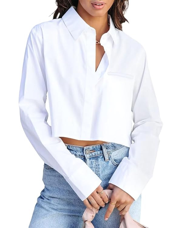INFITTY Women's Button Down Cropped Shirts Long Sleeve Casual Crop Tops Loose Fit Cotton Lapel Bl... | Amazon (US)