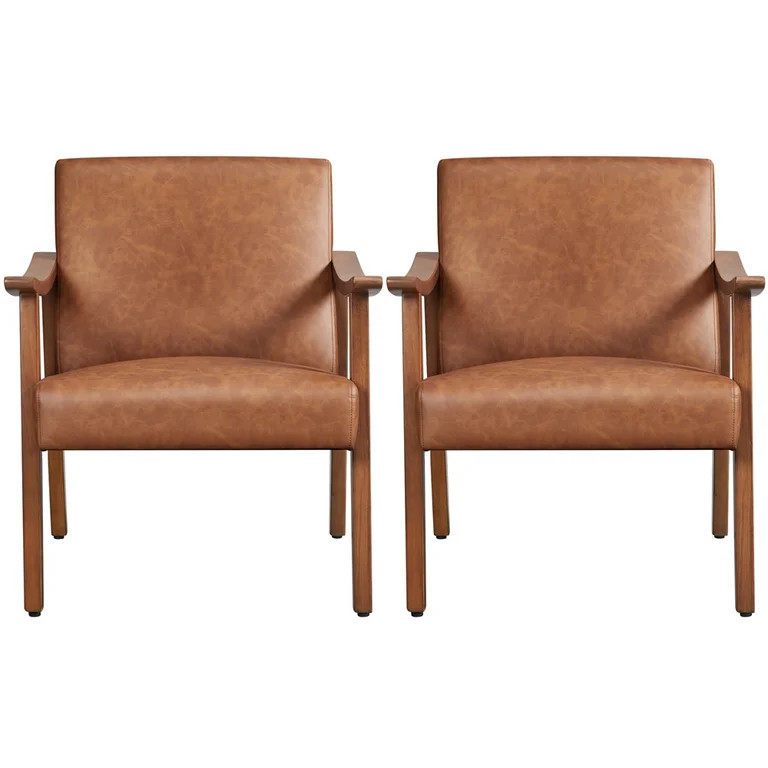 Renwick Mid-Century Modern Faux Leather Accent Chair, Set of 2, Light Brown | Walmart (US)