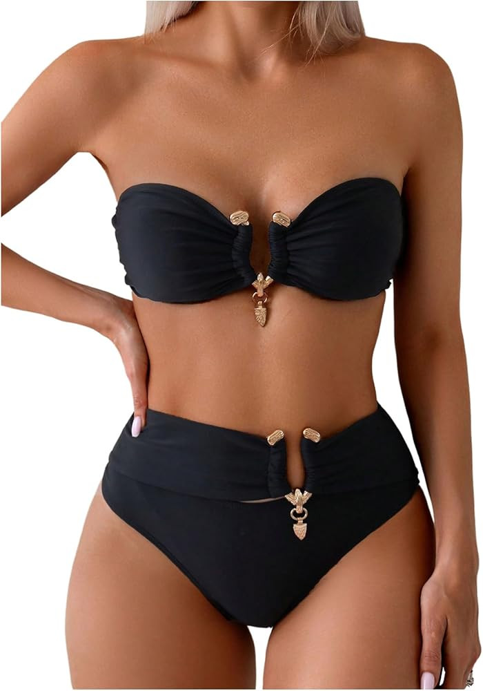 SOLY HUX Women's Bandeau Bikini High Waisted Two Piece Swimsuits Strapless Bathing Suit Swimwear | Amazon (US)