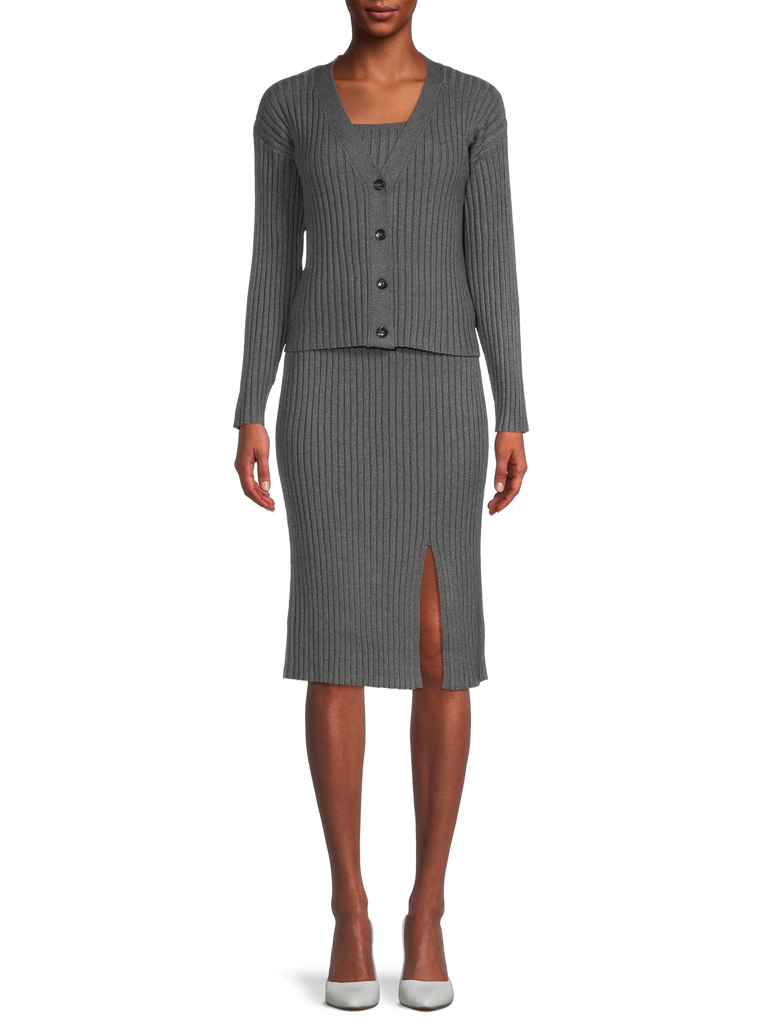 Time and Tru Women's Rib Knit Cardigan, Skirt and Cami Set, 3-Piece | Walmart (US)