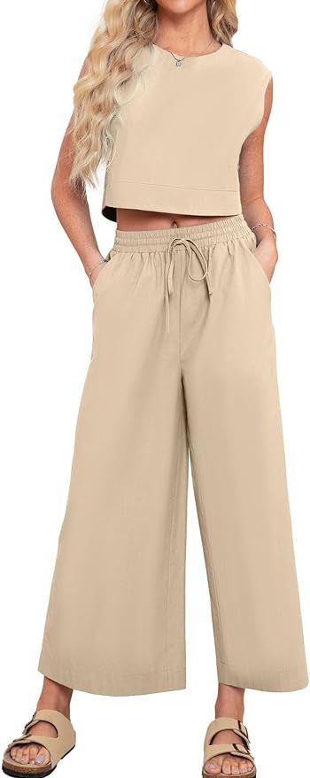 Glamaker Women's 2 Piece Outfits Linen Matching Sets Tracksuit Summer Sleeveless Tank Crop Top An... | Amazon (US)