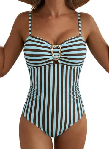 Aleumdr Womens Striped One Piece Swimsuit Tummy Control Bathing Suit with Metal Ring Cutout Swimw... | Amazon (US)