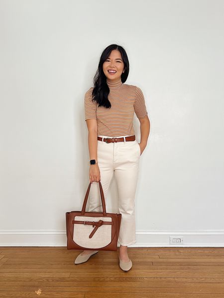 Business casual outfit, fall casual outfit, LOFT, transitional outfit, teacher outfit idea, work outfit: tan and white striped top (XS), mock neck top, brown canvas tote bag, off white high waisted jeans, Rothy’s dupe, beige flats (TTS).

#LTKunder50 #LTKworkwear #LTKSeasonal