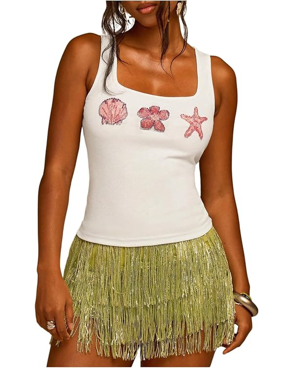 BEAUDRM Women's Y2k Seashell Tank Tops Starfish Square Neck Knitted Beaded Top Casual Summer Beac... | Amazon (US)