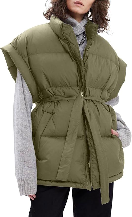 Langwyqu Women Oversized Puffer Vests Sleeveless Stand Collar Zipper Puffy Jackets with Belt | Amazon (US)