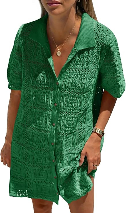 Saodimallsu Womens Crochet Swimsuit Cover Up Dress Short Sleeve Button V Neck Knit Summer Beach V... | Amazon (US)