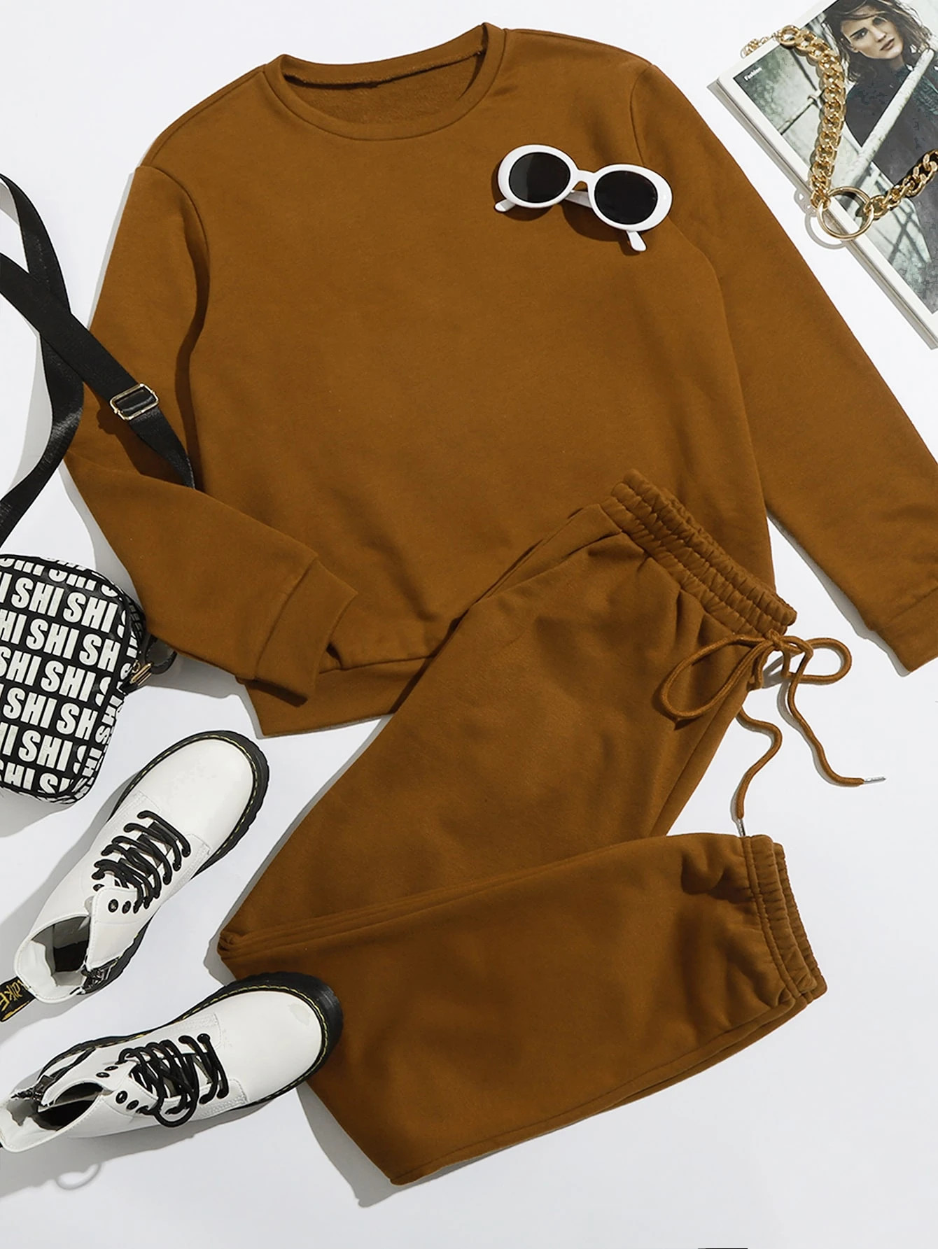 SHEIN Solid Pullover & Drawstring Waist Sweatpants Set | SHEIN