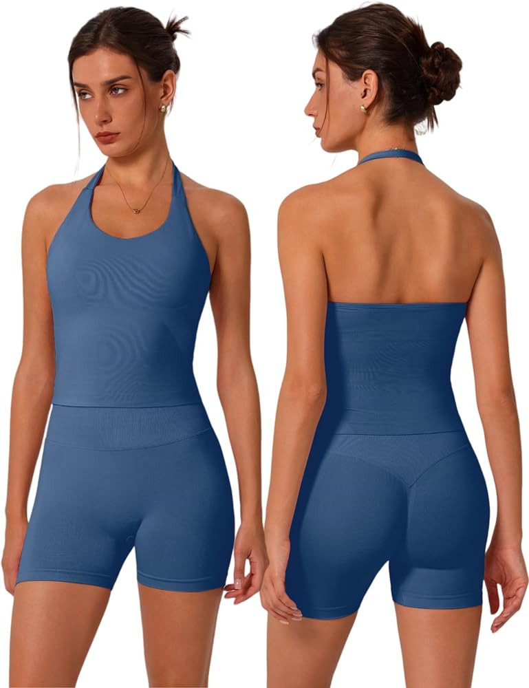 ABOCIW Workout Sets for Women 2 Piece seamless Halter Sports Bra Scrunch Butt Impact Shorts Gym Y... | Amazon (US)