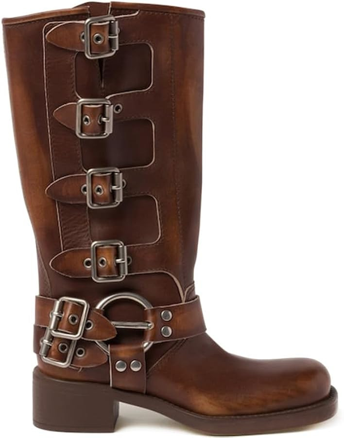 AMINUGAL Knee High Boots Women Square Toe Pull On Boots Wide Calf Moto Riding Boots Fashion Buckl... | Amazon (US)