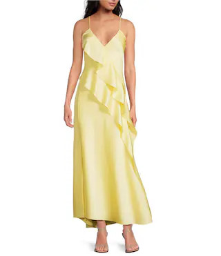 Gianni Bini Quinn Ruffle Draped V-Neck Sleeveless Satin Dress | Dillard's | Dillard's