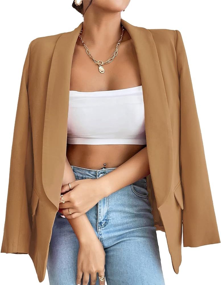Womens Long Sleeve Blazers Casual Open Front Lapel Button Slim Work Office Blazer Jacket | Amazon (US)