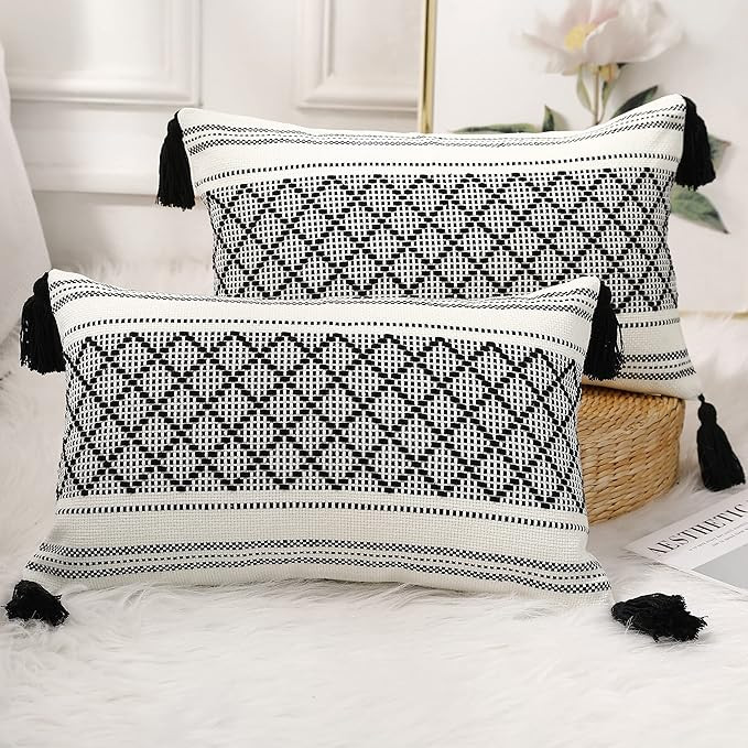 PANOD Set of 2 Boho Cotton Knitted Decorative Throw Pillow Covers with Tassel Black and White,Mod... | Amazon (US)