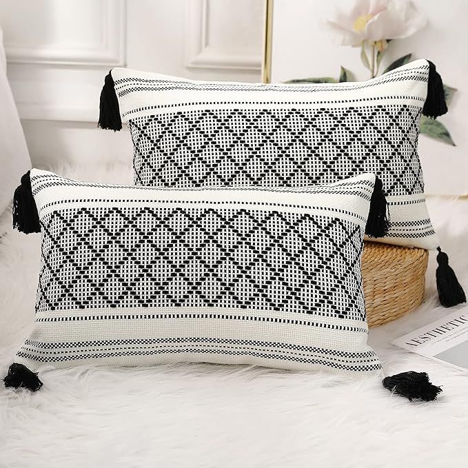 PANOD Set of 2 Boho Cotton Knitted Decorative Throw Pillow Covers with Tassel Black and White,Mod... | Amazon (US)