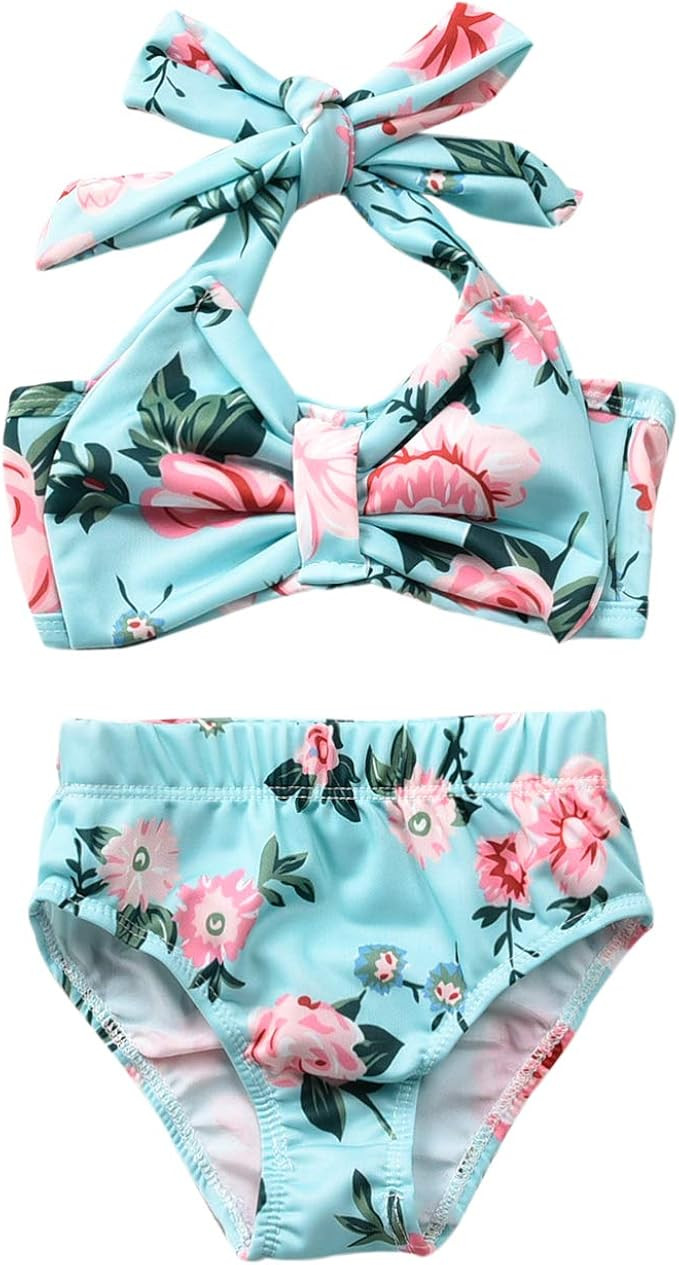 Baby Girl Two Piece Swimsuit, Toddler Girls Halter Bowknot Top Bikini Floral Bathing Suit | Amazon (US)