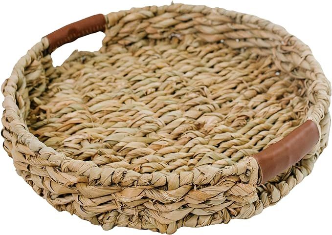 Handwoven Round Rattan Tray with Leather Handles – Use as Home Decor or Vegetable and Fruit Org... | Amazon (US)
