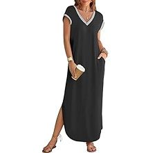 MEROKEETY Women's 2024 Summer Short Sleeve Maxi Dress V Neck Split Loose Casual Beach Long Dresse... | Amazon (US)