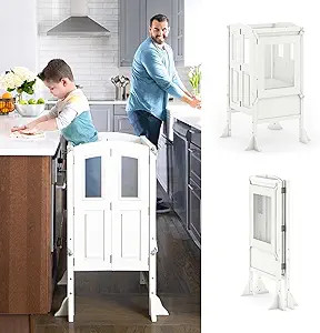 Martha Stewart Kitchen Helper Toddler Tower by Guidecraft - Linen White | Foldable Wooden Learnin... | Amazon (US)